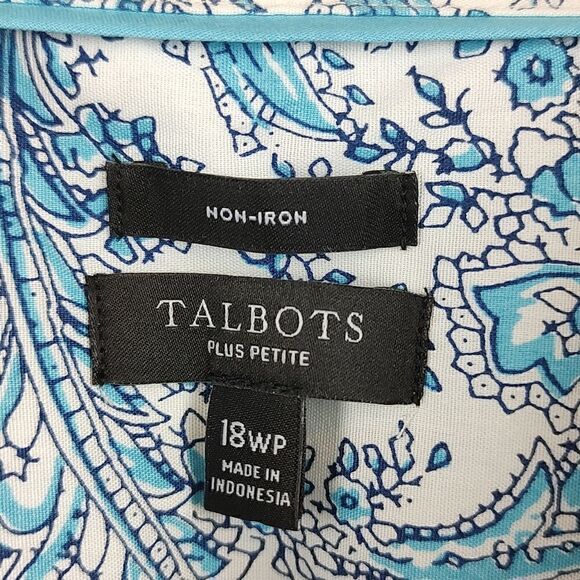Talbot's Plus Size Non Iron Button Front Blouse Top Blue Paisley Size 18WP - Picture 2 of 10